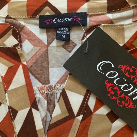 COCOMO Medium Brown Orange White 3/4 sleeve women's Pintuck Blouse top shirt - Picture 11 of 16